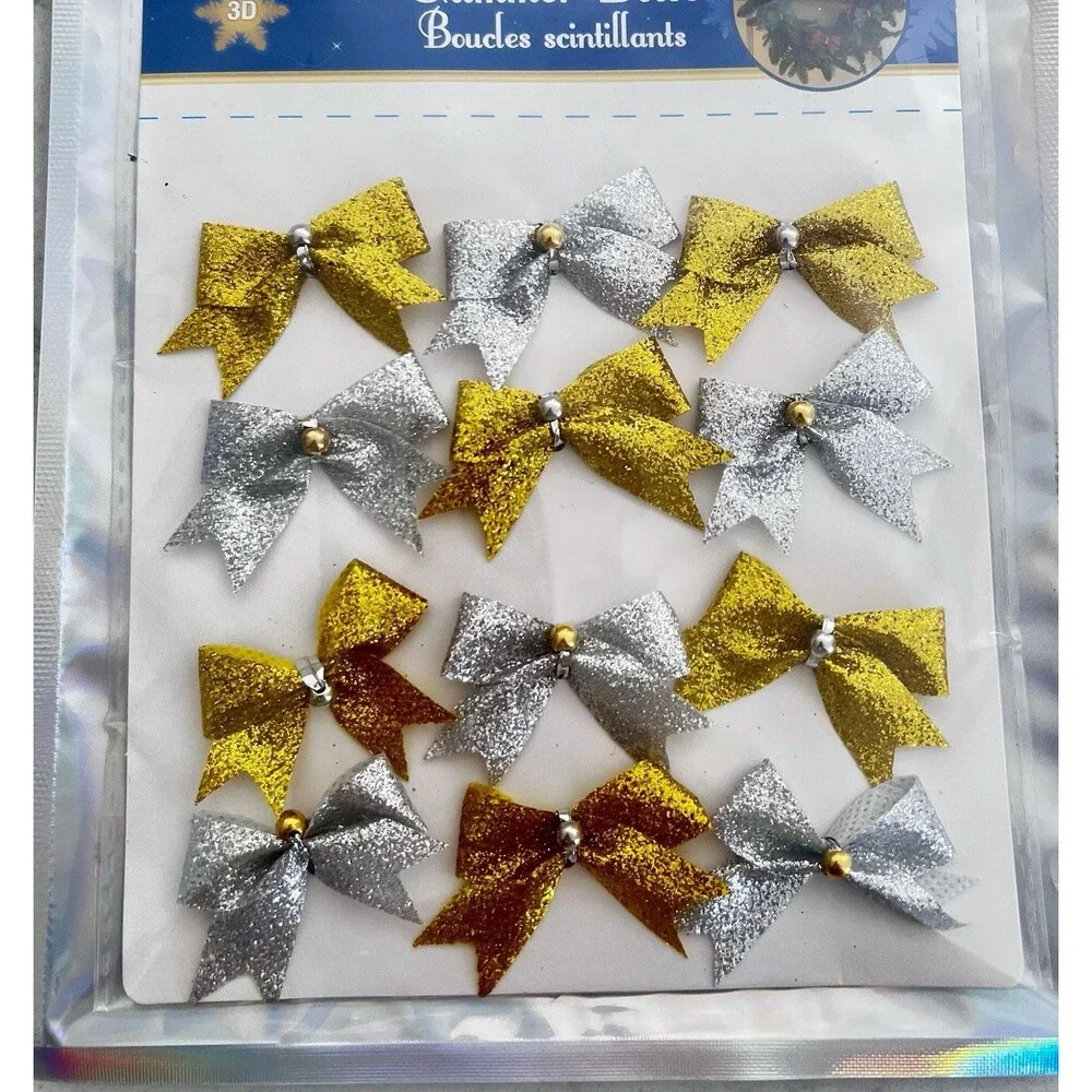Gold and Silver Glitter Miniature Decorative Tie-On Christmas Bows - 12 Count